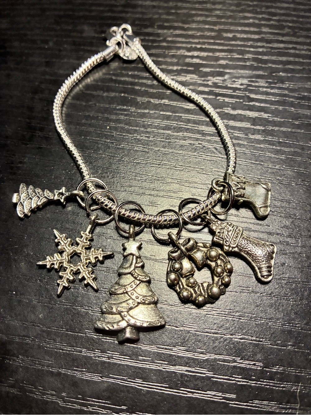 Silver Holiday Charm Bracelet with Christmas Tree, Wreath & Stocking Charms